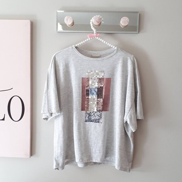 EUC Zara heather grey short sleeve t-shirt w/ sequins & painted accents, L - Picture 12 of 14
